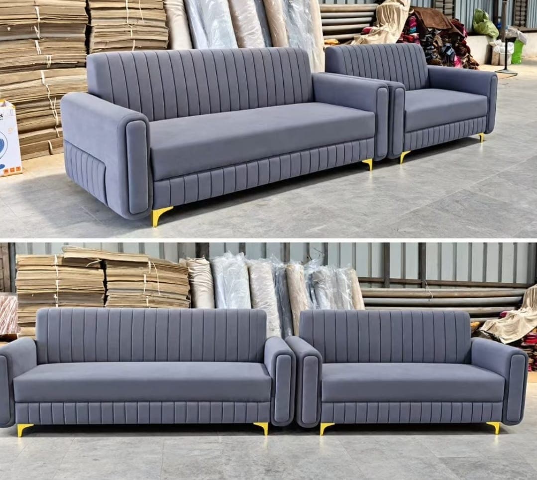 Grey channel-stitched 3+3 sofa with gold legs