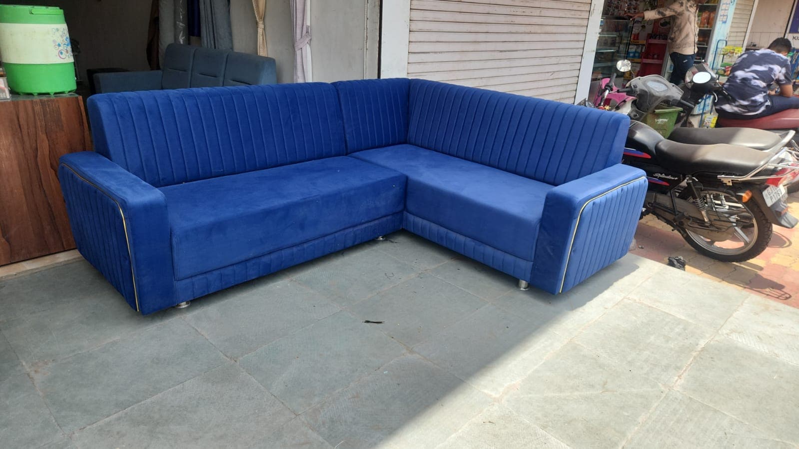 Royal blue velvet L-shape sofa