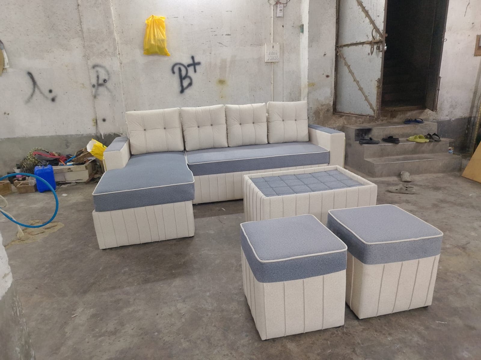 Cream and blue L-shape sofa made in our workshop